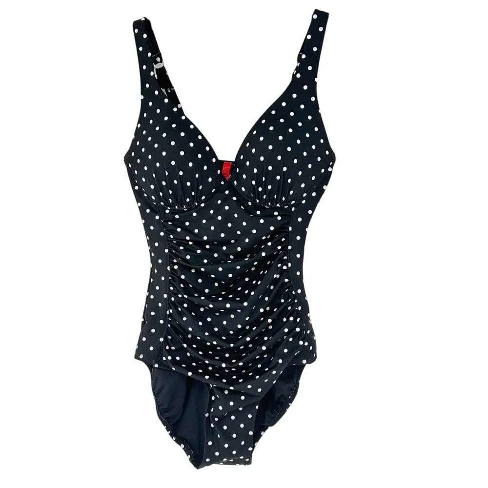 Spanx Ruched One Piece Swimsuit Women 6 Black White Polka Dot Underwire 2656